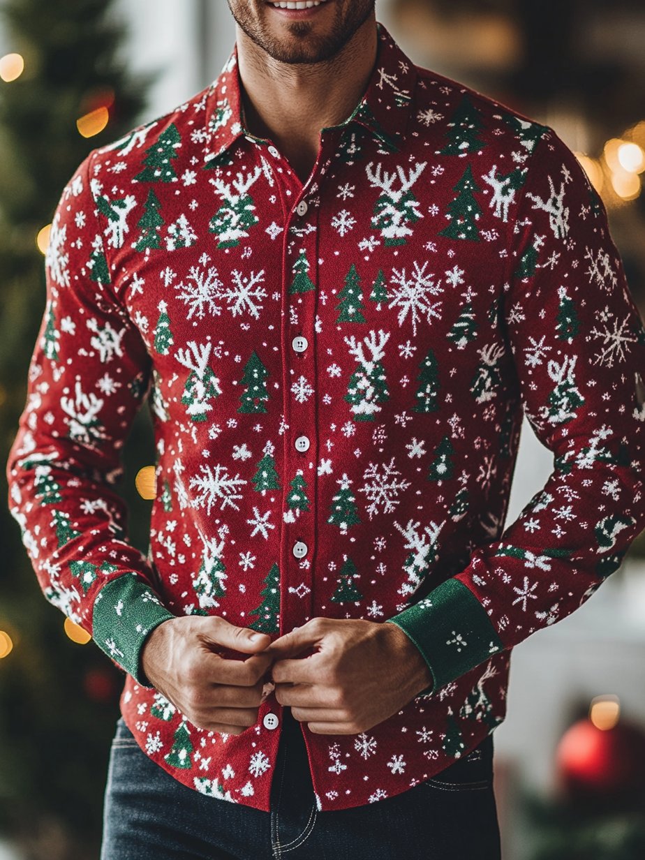 Men's Business Christmas Print Long Sleeve Shirt