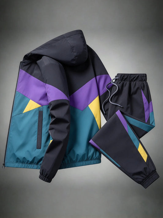 Men‘s Color Block Geometric Patchwork Hooded Tracksuit 2Pcs Set