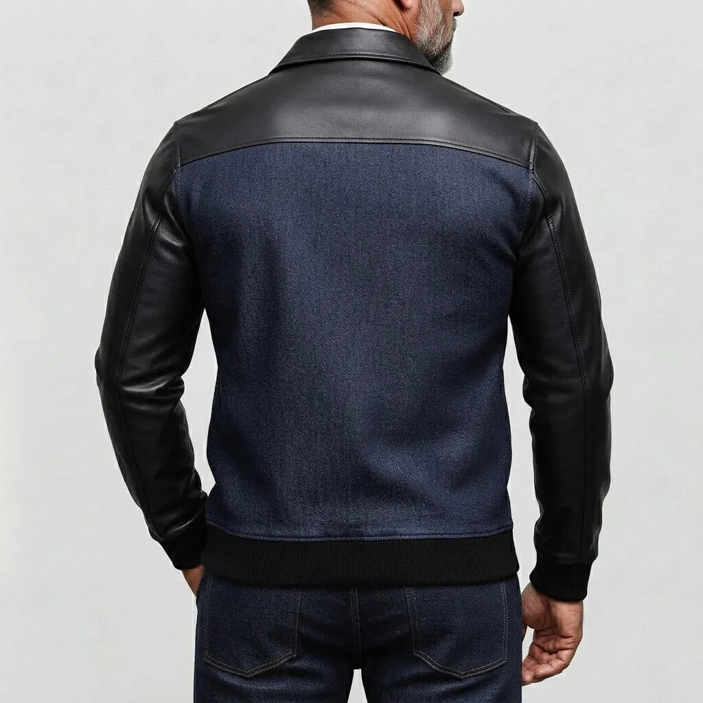 Men's Denim PU Leather Patchwork Long Sleeve Half Zip Sweatshirt