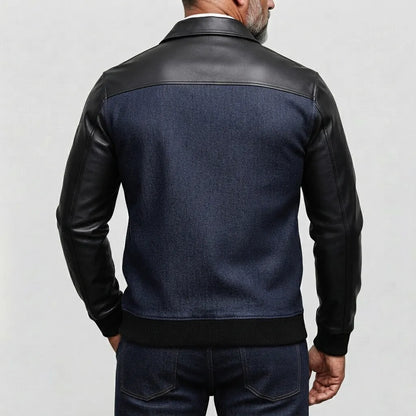 Men's Denim PU Leather Patchwork Long Sleeve Half Zip Sweatshirt