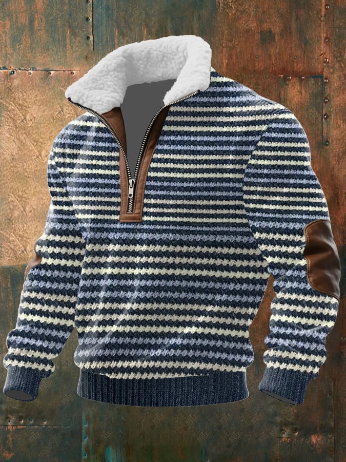 Men's Retro Western Texture Print Knit Fabric Zipper Fur Collar Long Sleeve Sweatshirt