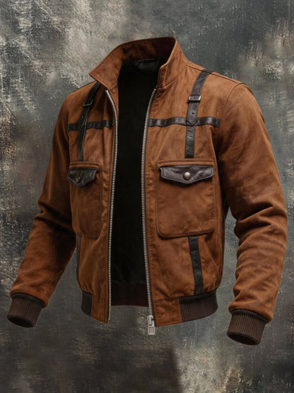 Men's Vintage Leather-Panel Multi-Pocket Outdoor Jacket