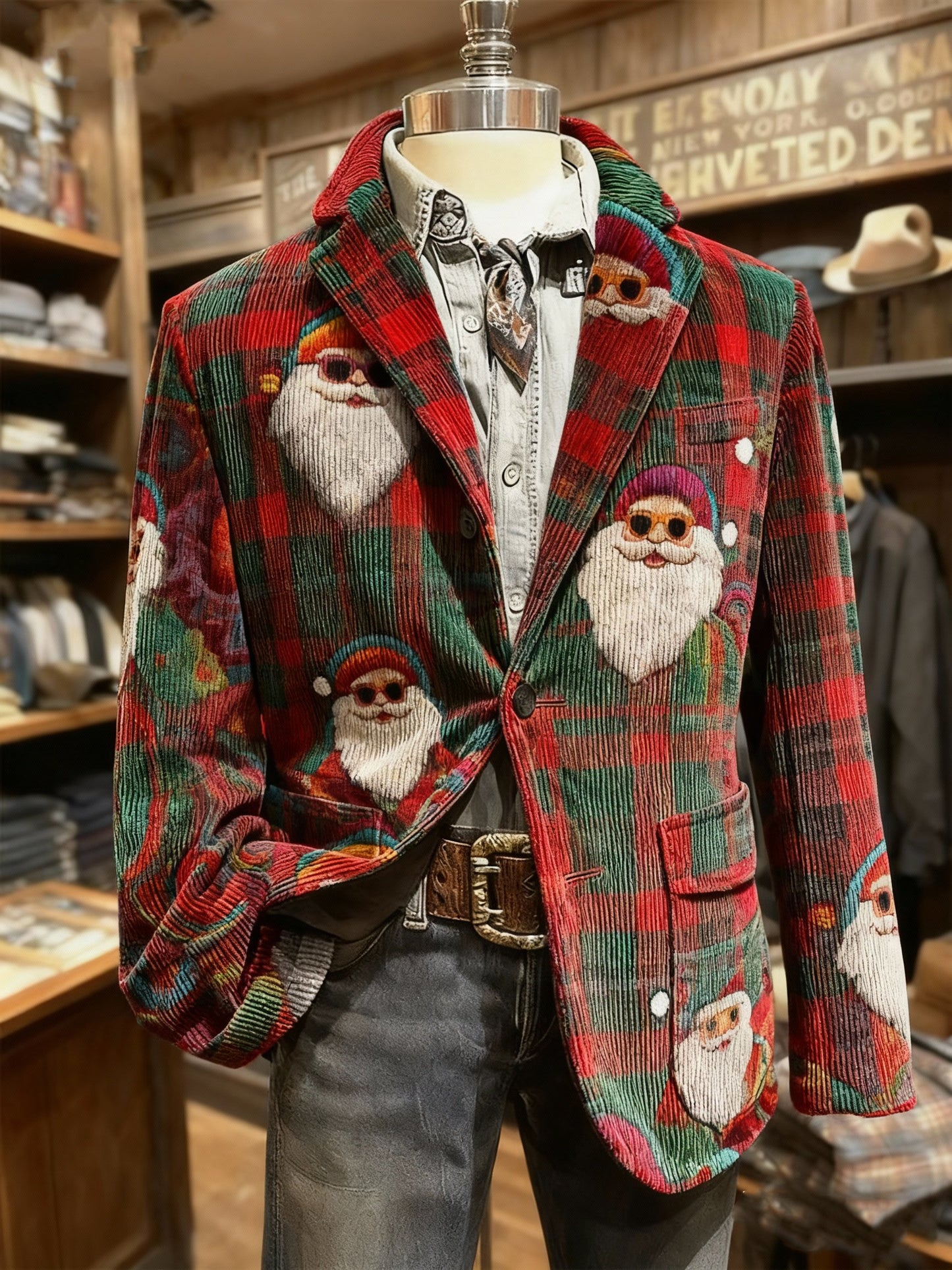Men's Vintage Plaid Christmas Santa Print Casual Jacket