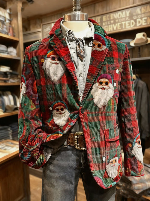 Men's Vintage Plaid Christmas Santa Print Casual Jacket
