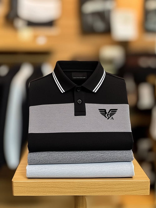 Men's Classic Business Check Logo Button Short Sleeve Polo Shirt