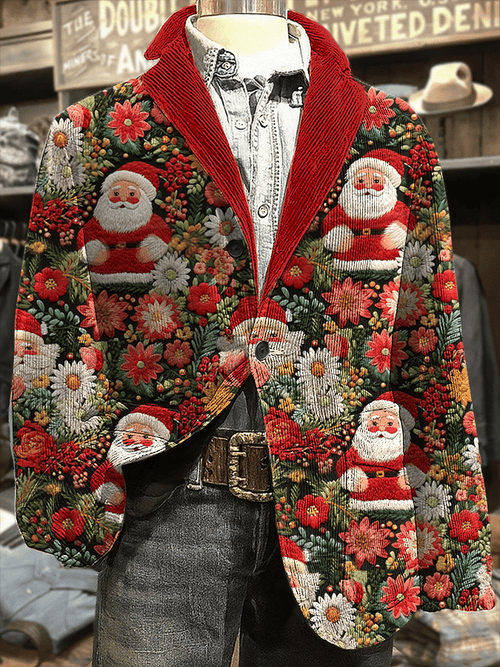 Men's Retro Christmas Art Print Corduroy Casual Jacket