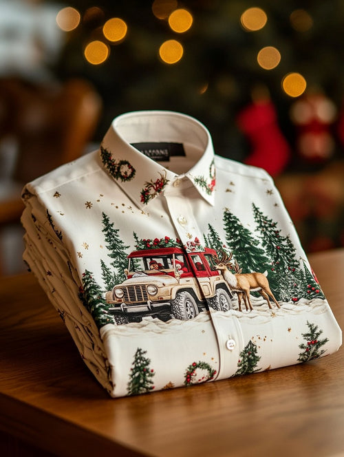 Men's long-sleeved shirt with Jeep Christmas print, wishing everyone a Merry Christmas.