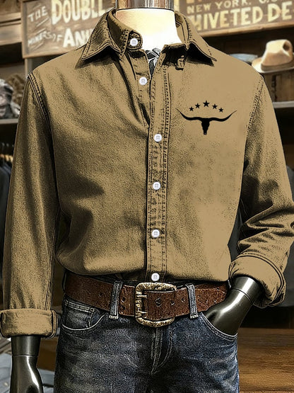 Men's Retro Western Cow Head Design Printed Long Sleeve Casual Shirt