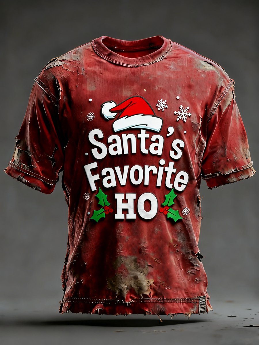 Men's Casual Retro Christmas Hat Print T-shirt