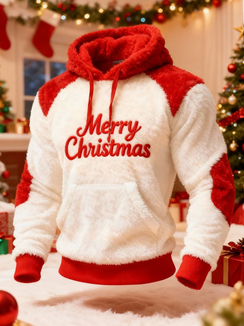 Men'S Plush Warm Color-Blocked Christmas Hooded Sweatshirt