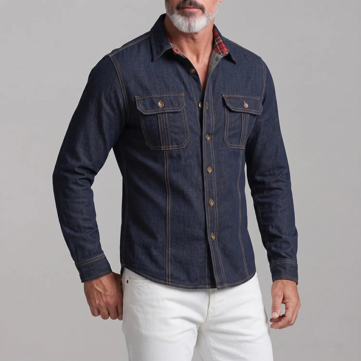 Men's Navy Blue Denim Chest Flap Pockets Button-up Long Sleeve Shirt