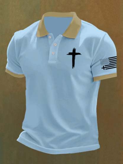 Men'S Flag Cross Print Casual Polo Shirt