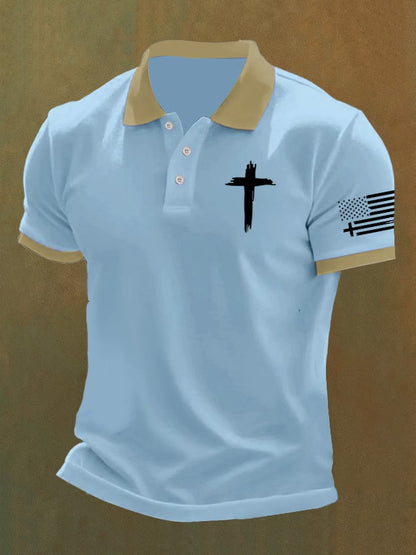 Men'S Flag Cross Print Casual Polo Shirt