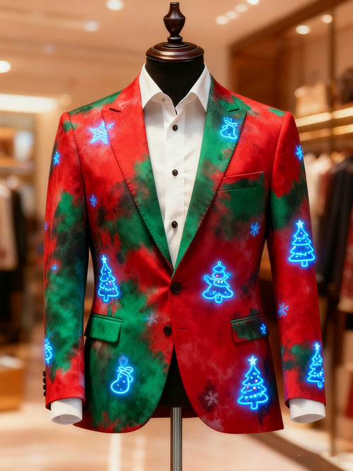 Men's Merry Christmas Reindeer Snowflake Santa Casual Print Notch Lapel Blazers