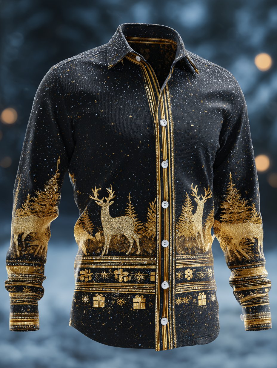 Men's Business Luxury Retro Christmas Elk Snowflake Long Sleeve Shirt