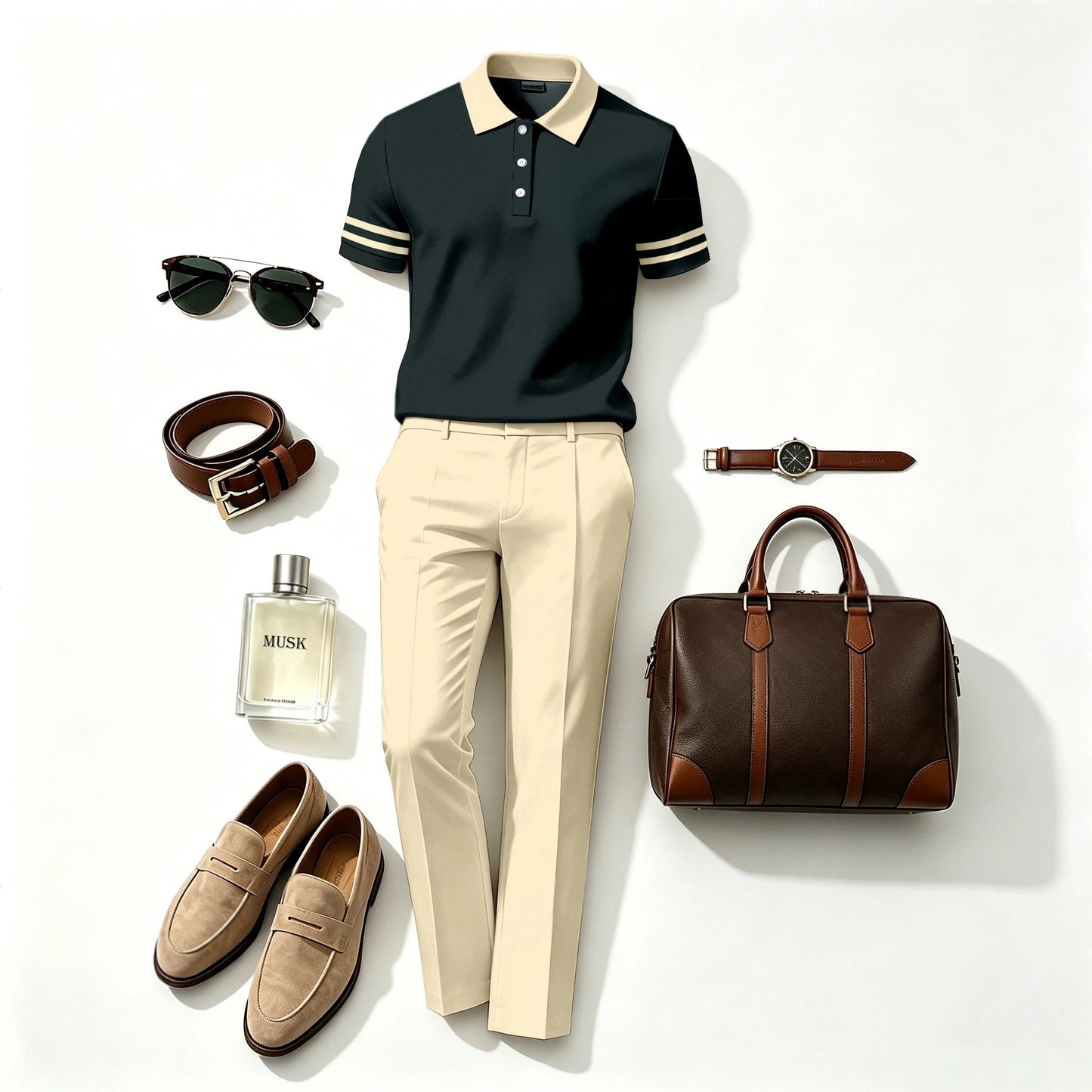 Men's Casual Green Stripes Printed Polo Shirt And Pants Two-Piece Set