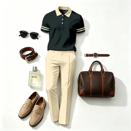 Men's Casual Green Stripes Printed Polo Shirt And Pants Two-Piece Set