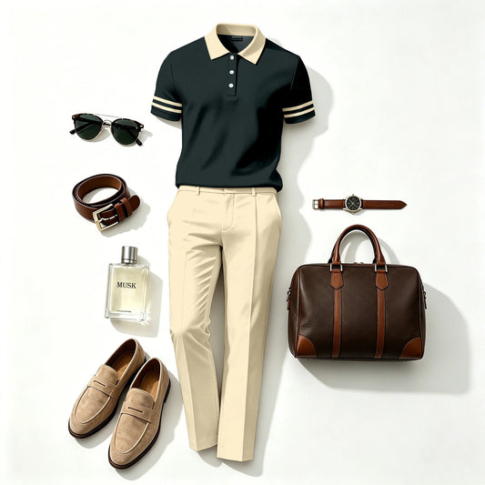 Men's Casual Green Stripes Printed Polo Shirt And Pants Two-Piece Set