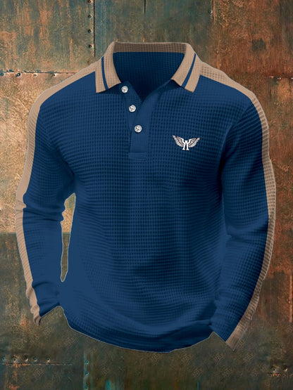 Men's Business Casual Waffle Fabric Long Sleeve Polo Shirt