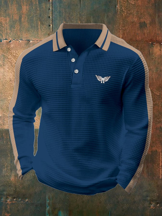 Men's Business Casual Waffle Fabric Long Sleeve Polo Shirt