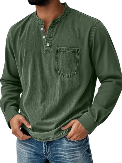 Men's Vintage Basic Distressed Long Sleeve Henley Shirt