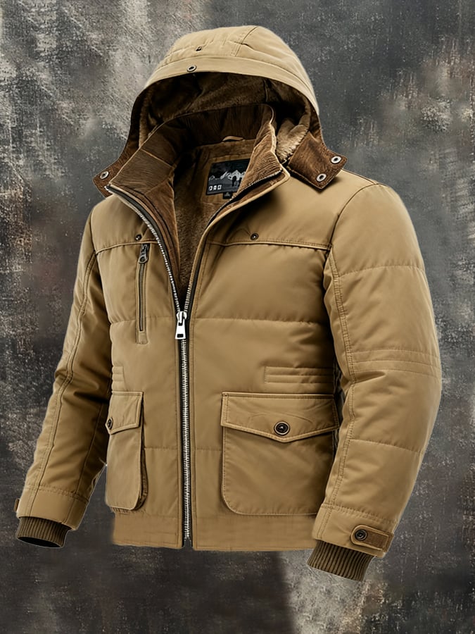 Men's Vintage Washed Cotton Plus Velvet Warm Outdoor Jacket