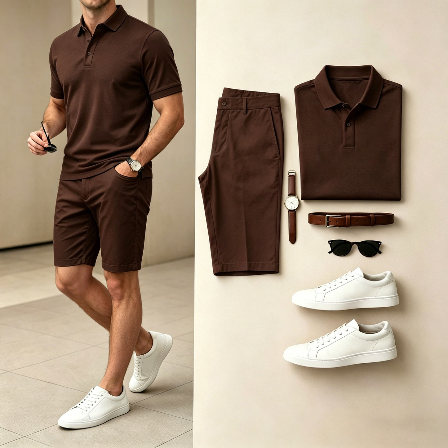 Men's Casual Solid Dark Brown Polo Shirt And Shorts Two-Piece Set (Does Not Include Watch, Belt, Or Accessories)