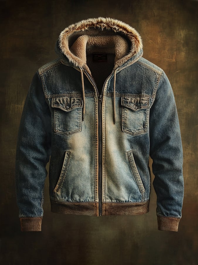 Men's Retro Denim Splicing Plush Hooded Jacket