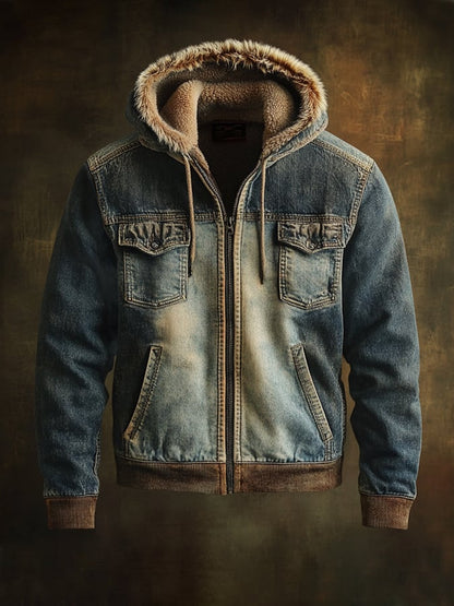 Men's Retro Denim Splicing Plush Hooded Jacket