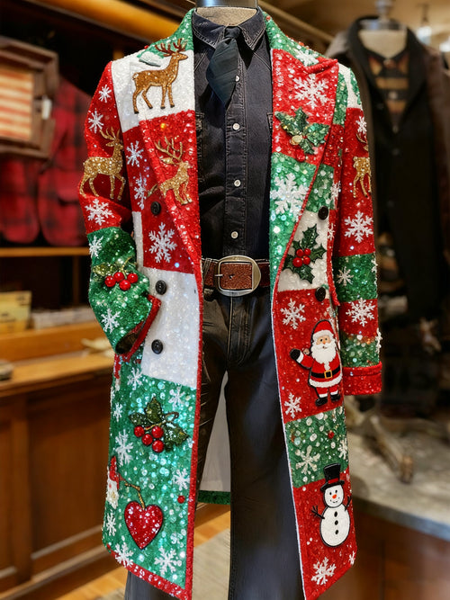 Men's Business Christmas Snowflake Bell Long Wool Coat
