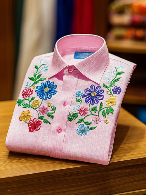 Men's Business Casual Floral Lapel Short Sleeve Shirt