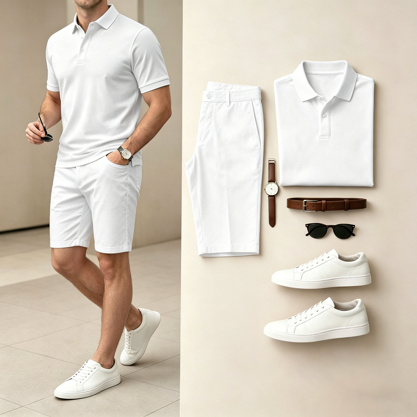 Men's Casual Solid White Polo Shirt And Shorts Two-Piece Set (Does Not Include Watch, Belt, Or Accessories)