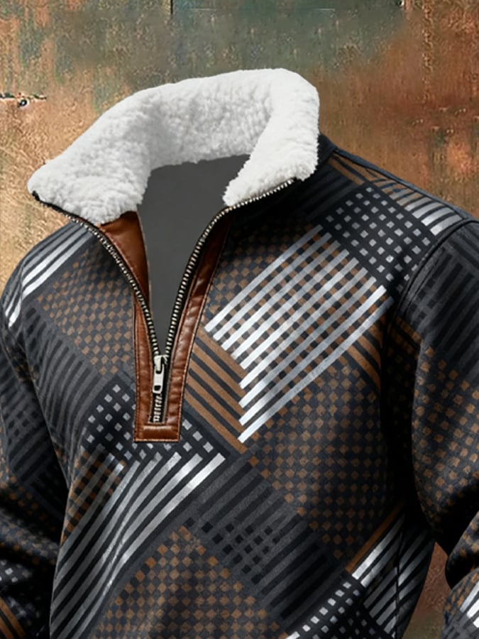 Men's Retro Distressed Color Block Print Casual Fur Collar Long Sleeve Sweatshirt