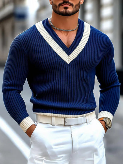 Men's Retro Contrast Color V-Neck Slim Fit Knit Long Sleeve Pullover