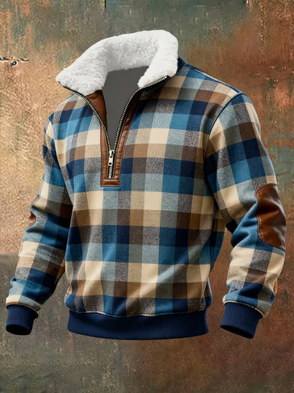 Men's Retro Distressed Color Block Print Casual Fur Collar Long Sleeve Sweatshirt