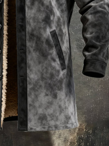 Men'S Vintage Distressed Suede Patchwork Warm And Cold-Resistant Fur Lining Long Trench Coat