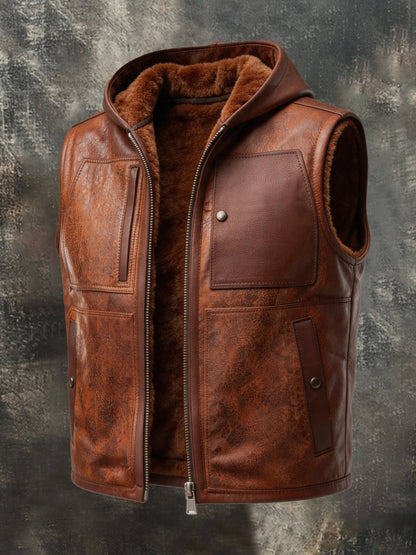 Men's Vintage Distressed Leather Hooded Vest with Fleece Lining