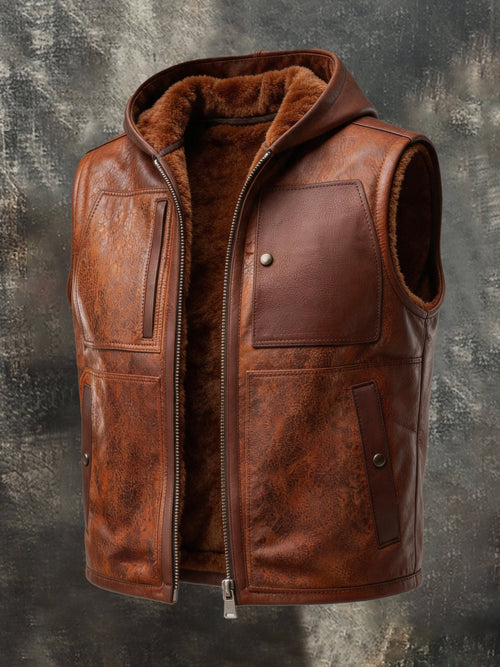 Men's Vintage Distressed Leather Hooded Vest with Fleece Lining
