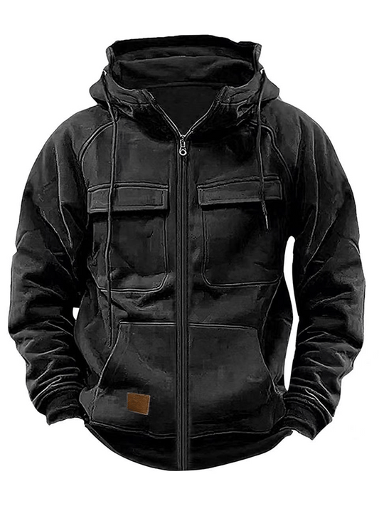 Men's Vintage Double Pocket Solid Color Comfort Zip Cardigan Jacket