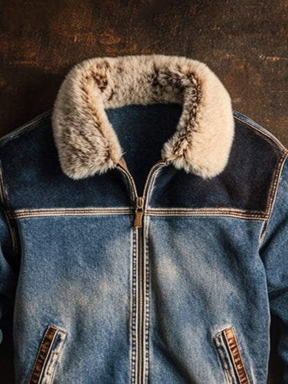 Men's Retro Stitching Contrast Color Zipper Fur Collar Jacket