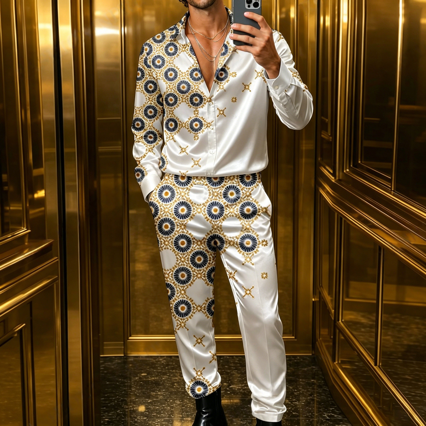 Men's Casual Long-Sleeve Shirt And Pants Set With Mandala Print