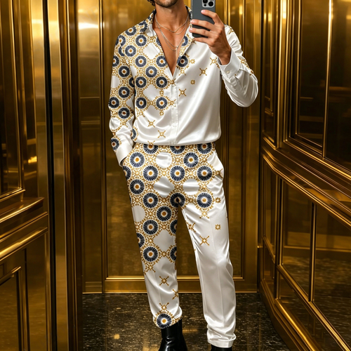 Men's Casual Long-Sleeve Shirt And Pants Set With Mandala Print