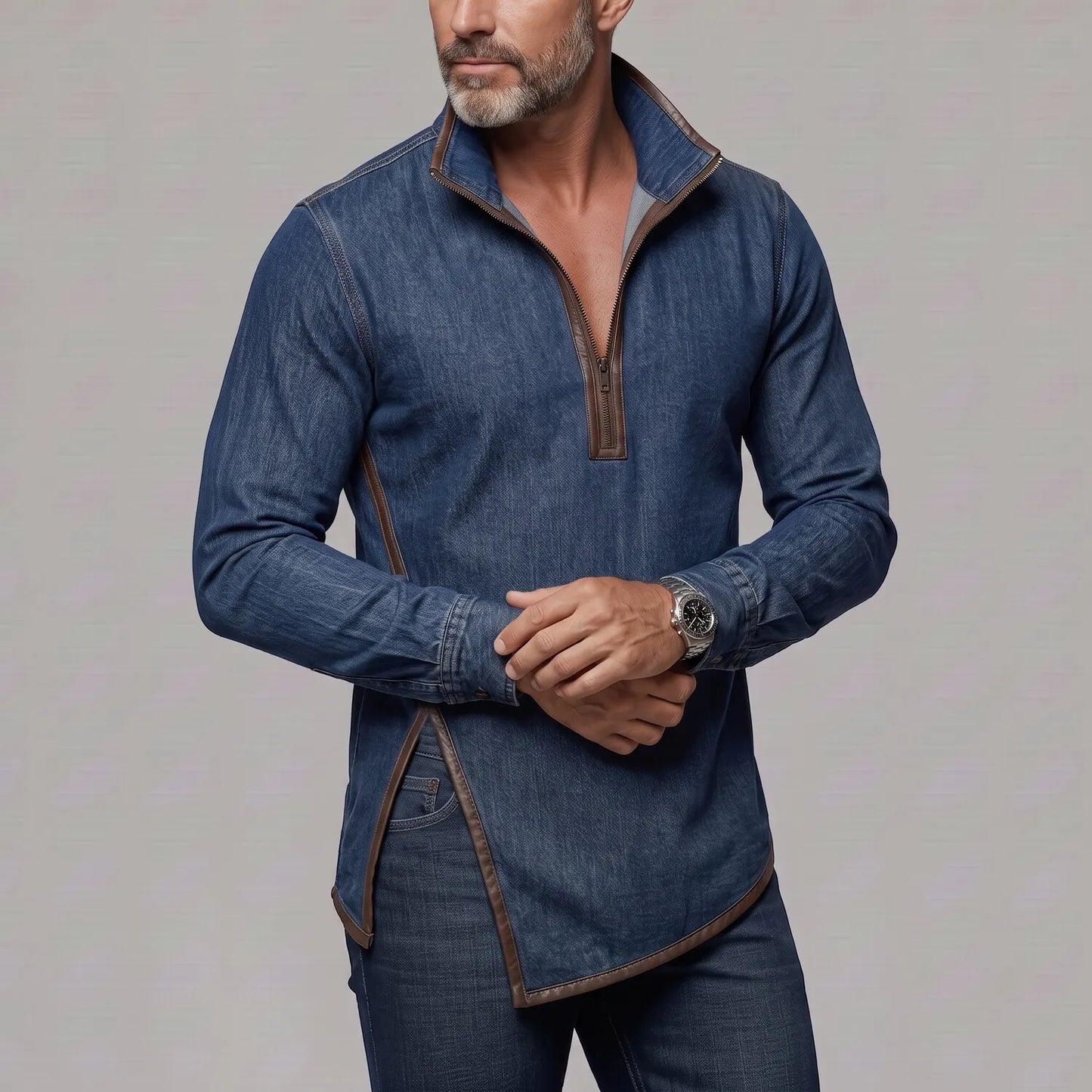 Men's Denim Stand Collar Contrast PU Leather Trim Side Slit Half Zip Slim Fit Sweatshirt