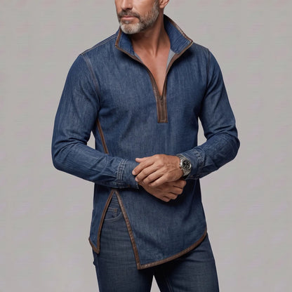 Men's Denim Stand Collar Contrast PU Leather Trim Side Slit Half Zip Slim Fit Sweatshirt