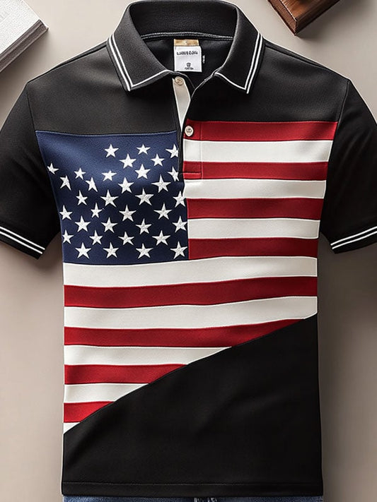 Men's Business American Flag Colorblocked Short Sleeve Polo Shirt