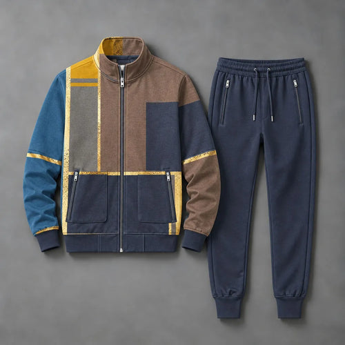 Men's Color-Blocked Printed Stand-Collar Sweatshirt and Pants Set