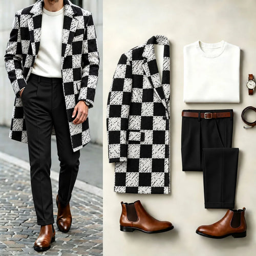 Men's Checkered Print Coat, Crew-Neck Sweater, and Slacks Three-Piece Set