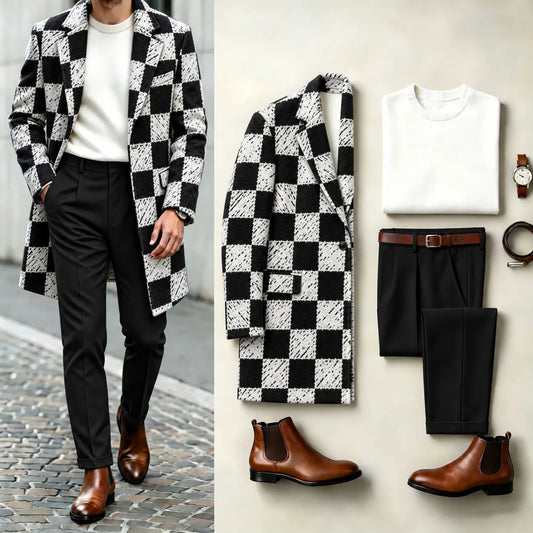 Men's Checkered Print Coat, Crew-Neck Sweater, and Slacks Three-Piece Set