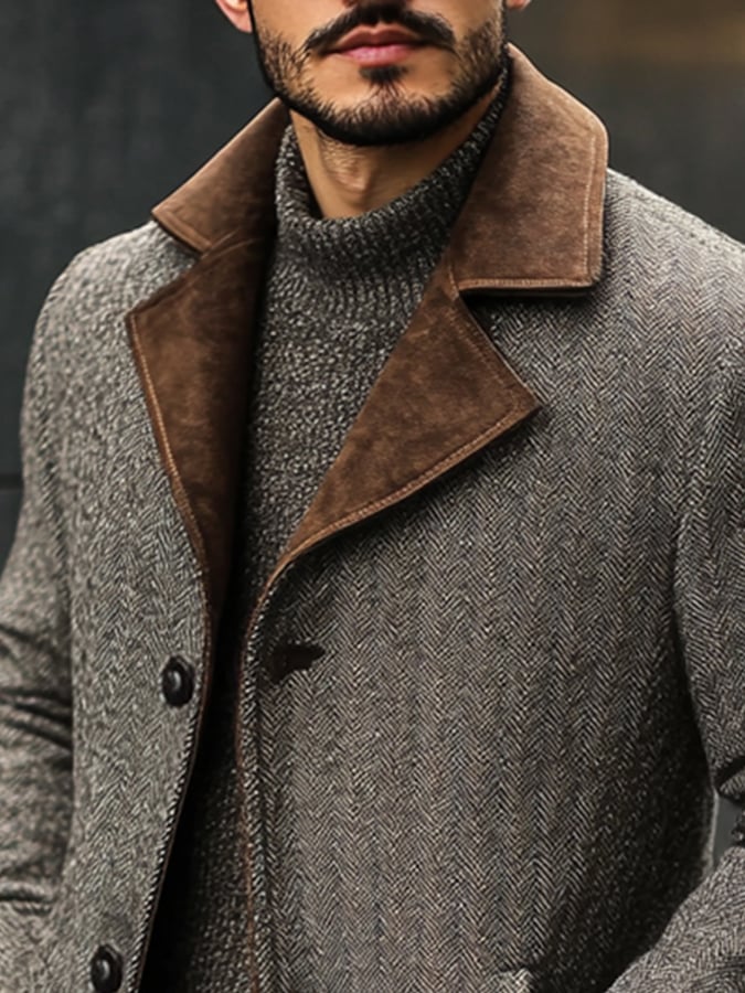 Men's Fashion Herringbone Pattern Suede Suit Windbreaker Jacket