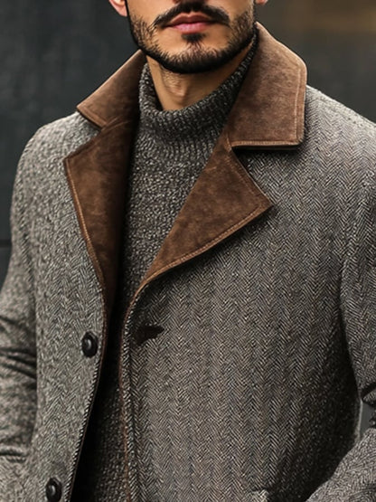Men's Fashion Herringbone Pattern Suede Suit Windbreaker Jacket